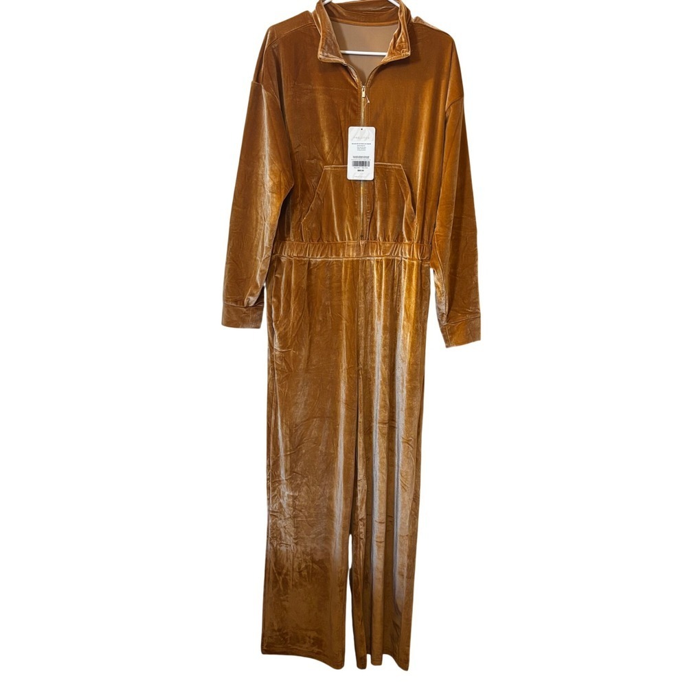 Fabletics Women's Velour Zip-Up Wide Leg Onesie XXL NWT Gold Brown Pocket
